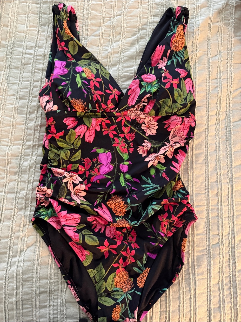 Time and Tru Black One-Piece Swimsuit with Pink & Green Floral Print